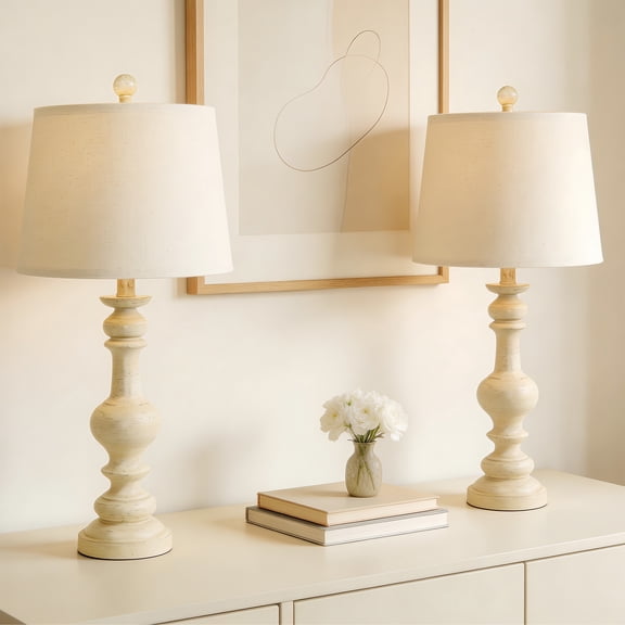 Tnuyoah 26'' Farmhouse Bedside Lamp Set of 2 - Tall Table Lamp for Living Room, Modern Bedroom Lamp with Linen Shades, Rotary Switch, Beige