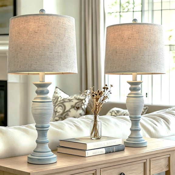 Tnuyoah 28'' Tall Bedside Lamp Set of 2 - Farmhouse Lamp for Living Room Bedroom, Vintage Rustic Table Lamp with Beige Fabric Shades (Navy Blue)