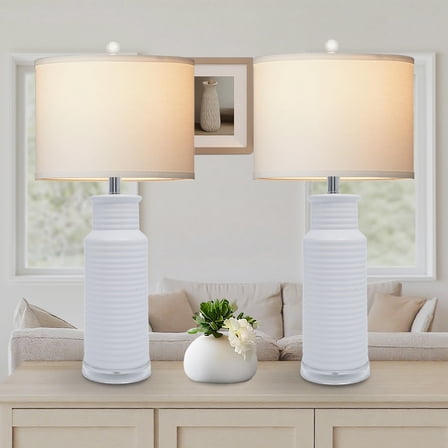 Tnuyoah Modern Table Lamps Set of 2, Living Room Retro White Ceramic Lamp - 28'' Farmhouse Beside Nightstand Lamps for Bedroom with Fabric Shade, Rotary Switch, Bulbs Not Included