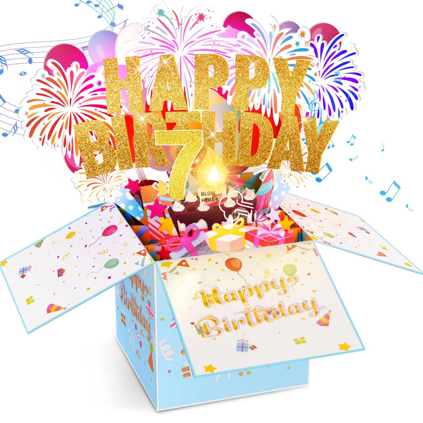 Tnvee 7TH Birthday Cards with Lights Music, 3D Pop Up Singing Happy