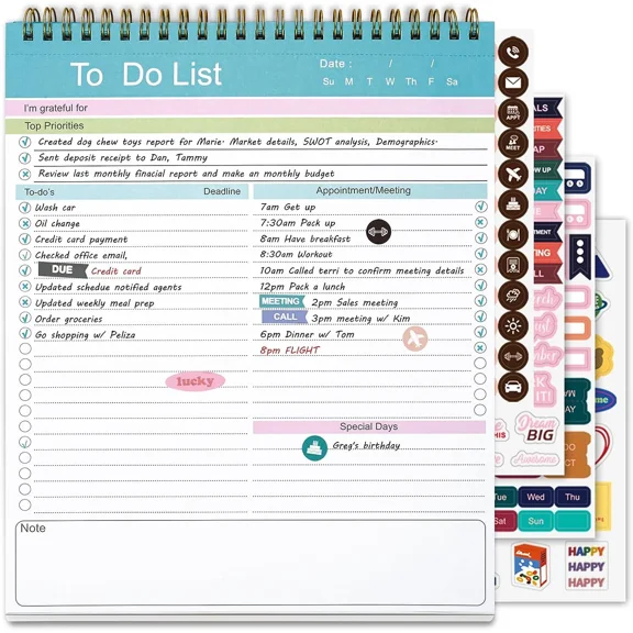 To Do List Notepad, Spiral Bound Undated Daily Planner, 52 Sheets 8.5" X 10.5" T