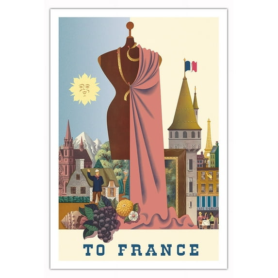 To France - Vintage Travel Poster by David Klein c.1955 - Fine Art Matte Paper Print (Unframed) 30x44in