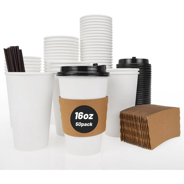Hot To Go Coffee Cups with Lids, 50 Pack, 16oz, Disposable Paper Cups ...