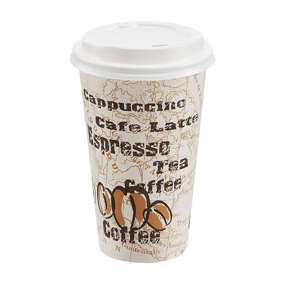 To Go Hot Paper Coffee Cups with Lids, 16 oz, Caf Design, Disposable, 100-Count