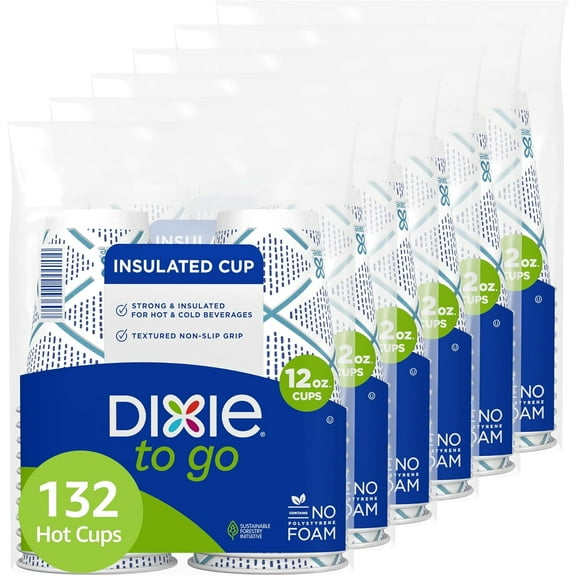 To Go Paper Coffee Cups, 12 oz, 132 ct, Disposable Insulated Paper Cups for On-The-Go Hot or Cold Beverages