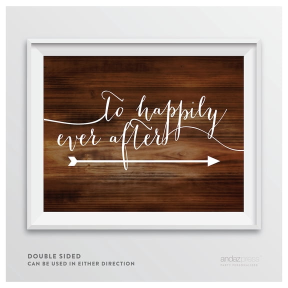 To Happily Ever After Rustic Wood Wedding Party Directional Signs, Double-Sided