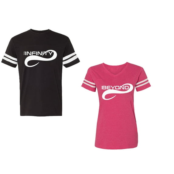 To Infinity And Beyond Unisex Couple Matching Cotton Jersey style T-Shirt Contrasting stripes on sleeves (Men Black / Women Pink) (Men XL / Women L)