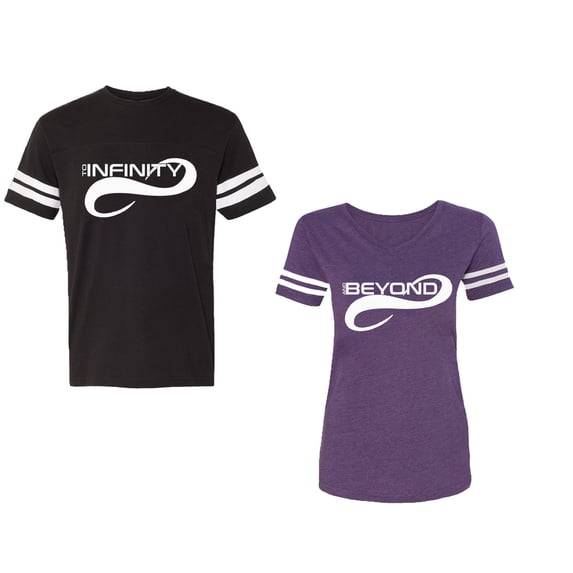 To Infinity And Beyond Unisex Couple Matching Cotton Jersey style T-Shirt Contrasting stripes on sleeves (Men Black / Women Purple) (Men M / Women L)