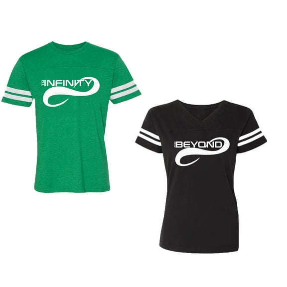 To Infinity And Beyond Unisex Couple Matching Cotton Jersey style T-Shirt Contrasting stripes on sleeves (Men Green / Women Black) (Men S / Women S)