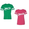 thumbnail image 1 of To Infinity And Beyond Unisex Couple Matching Cotton Jersey style T-Shirt Contrasting stripes on sleeves (Men Green / Women Pink) (Men XXL / Women L), 1 of 3