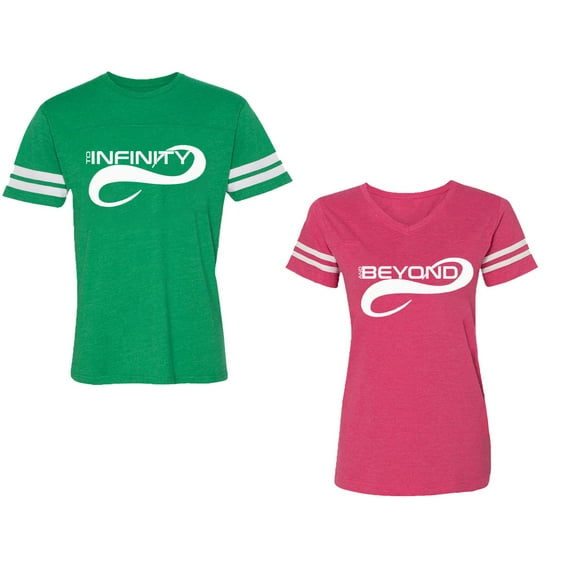 To Infinity And Beyond Unisex Couple Matching Cotton Jersey style T-Shirt Contrasting stripes on sleeves (Men Green / Women Pink) (Men XXL / Women L)
