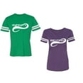 thumbnail image 1 of To Infinity And Beyond Unisex Couple Matching Cotton Jersey style T-Shirt Contrasting stripes on sleeves (Men Green / Women Purple) (Men L / Women L), 1 of 3