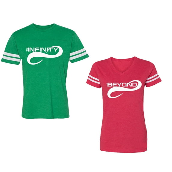 To Infinity And Beyond Unisex Couple Matching Cotton Jersey style T-Shirt Contrasting stripes on sleeves (Men Green / Women Red) (Men S / Women XL)
