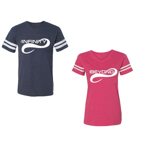 To Infinity And Beyond Unisex Couple Matching Cotton Jersey style T-Shirt Contrasting stripes on sleeves (Men Navy / Women Pink) (Men XL / Women L)
