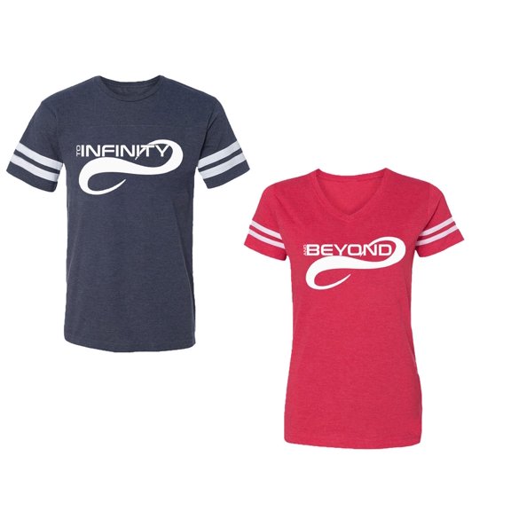 To Infinity And Beyond Unisex Couple Matching Cotton Jersey style T-Shirt Contrasting stripes on sleeves (Men Navy / Women Red) (Men L / Women L)
