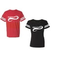 thumbnail image 1 of To Infinity And Beyond Unisex Couple Matching Cotton Jersey style T-Shirt Contrasting stripes on sleeves (Men Red / Women Black) (Men S / Women S), 1 of 3