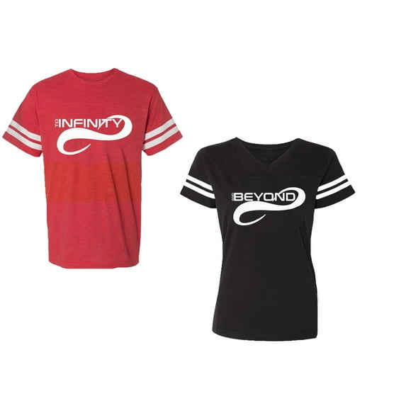To Infinity And Beyond Unisex Couple Matching Cotton Jersey style T-Shirt Contrasting stripes on sleeves (Men Red / Women Black) (Men XL / Women M)