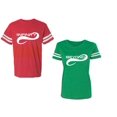 thumbnail image 1 of To Infinity And Beyond Unisex Couple Matching Cotton Jersey style T-Shirt Contrasting stripes on sleeves (Men Red / Women Green) (Men S / Women L), 1 of 3