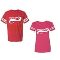 thumbnail image 1 of To Infinity And Beyond Unisex Couple Matching Cotton Jersey style T-Shirt Contrasting stripes on sleeves (Men Red / Women Pink) (Men XL / Women XXL), 1 of 3