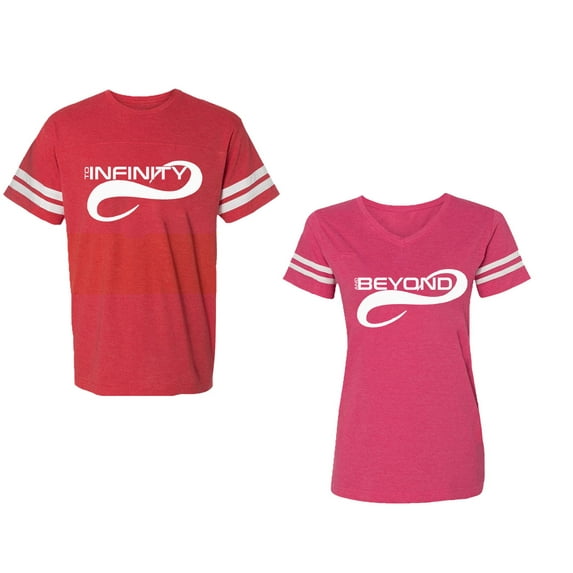 To Infinity And Beyond Unisex Couple Matching Cotton Jersey style T-Shirt Contrasting stripes on sleeves (Men Red / Women Pink) (Men XXL / Women M)