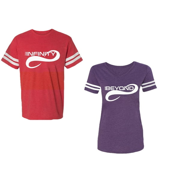 To Infinity And Beyond Unisex Couple Matching Cotton Jersey style T-Shirt Contrasting stripes on sleeves (Men Red / Women Purple) (Men XL / Women S)