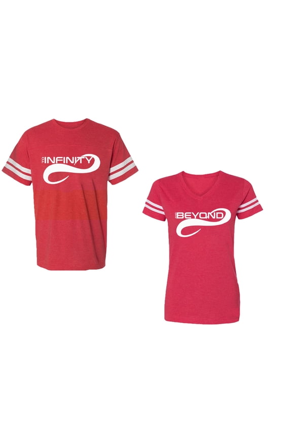 To Infinity And Beyond Unisex Couple Matching Cotton Jersey style T-Shirt Contrasting stripes on sleeves (Men Red / Women Red) (Men M / Women M)
