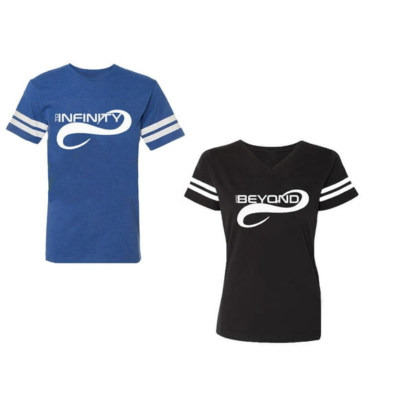 To Infinity And Beyond Unisex Couple Matching Cotton Jersey style T-Shirt Contrasting stripes on sleeves (Men Royal / Women Black) (Men XL / Women S)