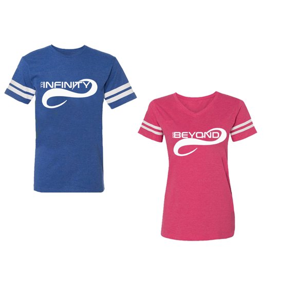 To Infinity And Beyond Unisex Couple Matching Cotton Jersey style T-Shirt Contrasting stripes on sleeves (Men Royal / Women Pink) (Men XL / Women XL)