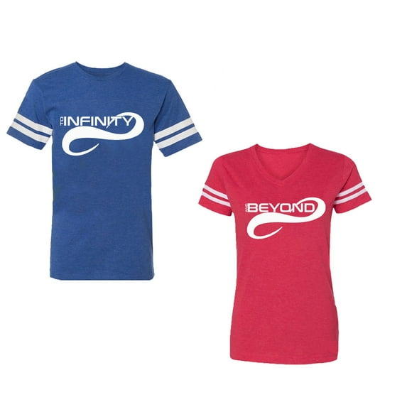 To Infinity And Beyond Unisex Couple Matching Cotton Jersey style T-Shirt Contrasting stripes on sleeves (Men Royal / Women Red) (Men XL / Women S)