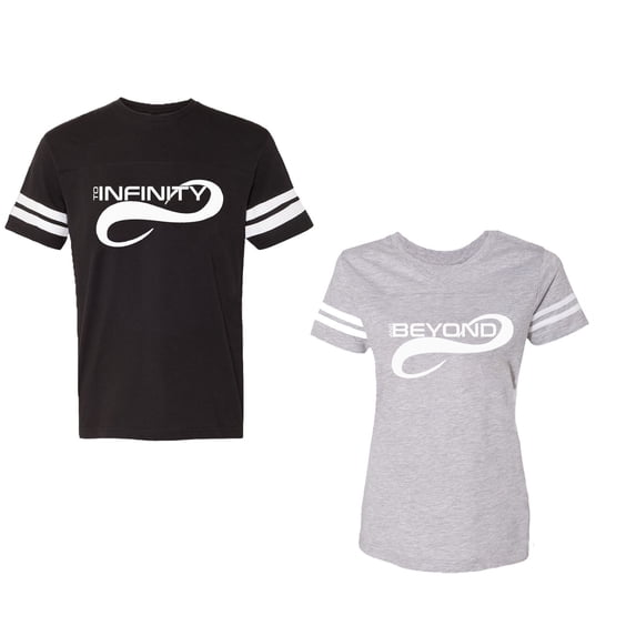 To Infinity And Beyond Unisex Couple Matching Cotton Jersey style T-Shirt Contrasting stripes on sleeves (Men Black / Women Heather) (Men XL / Women XXL)