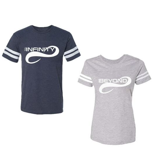 To Infinity And Beyond Unisex Couple Matching Cotton Jersey style T-Shirt Contrasting stripes on sleeves (Men Navy / Women Heather) (Men XL / Women M)