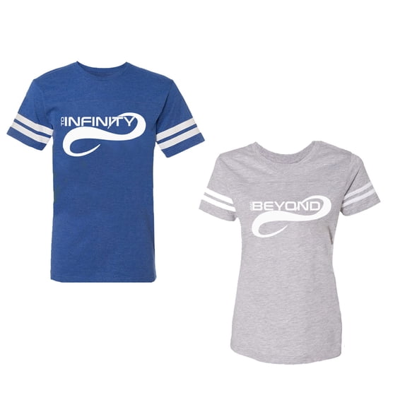 To Infinity And Beyond Unisex Couple Matching Cotton Jersey style T-Shirt Contrasting stripes on sleeves (Men Royal / Women Heather) (Men S / Women M)