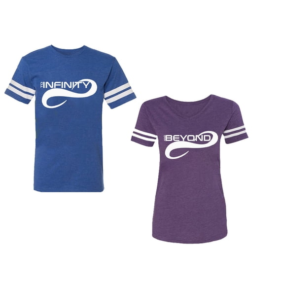 To Infinity And Beyond Unisex Couple Matching Cotton Jersey style T-Shirt Contrasting stripes on sleeves (Men Royal / Women Purple) (Men XL / Women M)