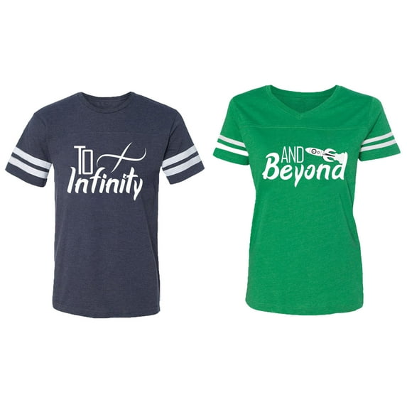 To Infinity & Beyond Matching Couple Cotton Jerseys (Men Navy / Women Green) (Men S / Women XXL)