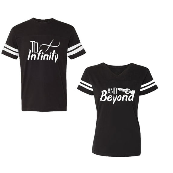 To Infinity & Beyond Unisex Couple Matching Cotton Jersey style T-Shirt Contrasting stripes on sleeves (Men Black / Women Black) (Men L / Women L)