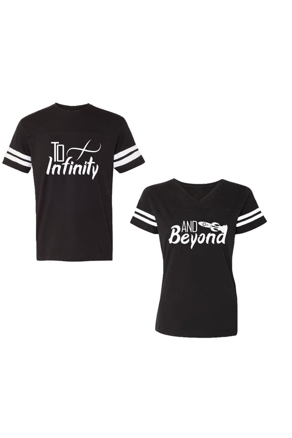 To Infinity & Beyond Unisex Couple Matching Cotton Jersey style T-Shirt Contrasting stripes on sleeves (Men Black / Women Black) (Men L / Women L)