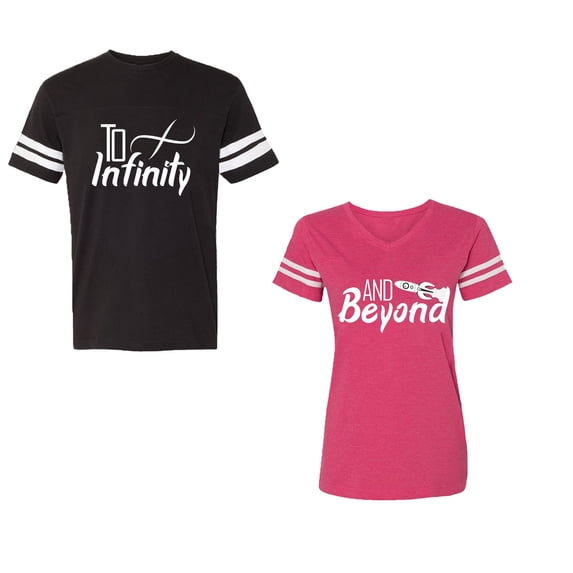 To Infinity & Beyond Unisex Couple Matching Cotton Jersey style T-Shirt Contrasting stripes on sleeves (Men Black / Women Pink) (Men L / Women XXL)