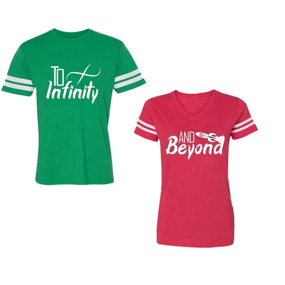 To Infinity & Beyond Unisex Couple Matching Cotton Jersey style T-Shirt Contrasting stripes on sleeves (Men Green / Women Red) (Men S / Women S)