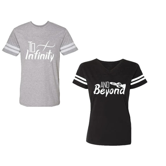 To Infinity & Beyond Unisex Couple Matching Cotton Jersey style T-Shirt Contrasting stripes on sleeves (Men Heather / Women Black) (Men S / Women S)