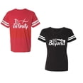 thumbnail image 1 of To Infinity & Beyond Unisex Couple Matching Cotton Jersey style T-Shirt Contrasting stripes on sleeves (Men Red / Women Black) (Men S / Women S), 1 of 3