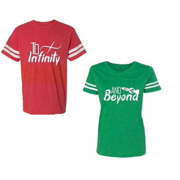 To Infinity & Beyond Unisex Couple Matching Cotton Jersey style T-Shirt Contrasting stripes on sleeves (Men Red / Women Green) (Men L / Women XXL)