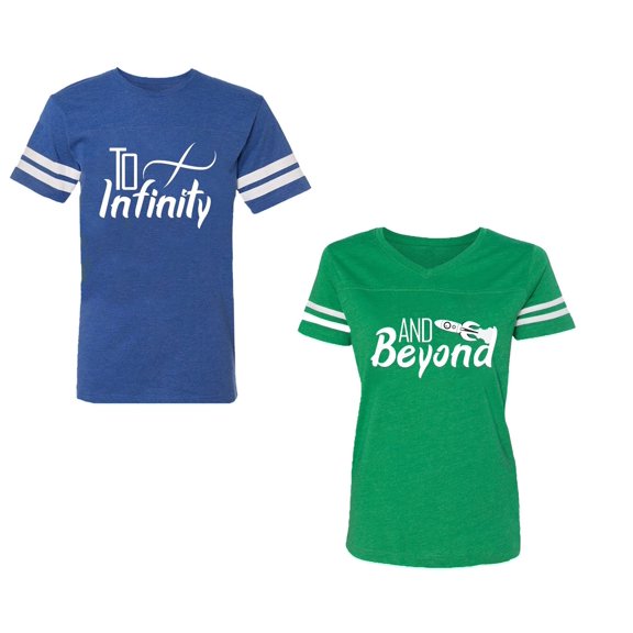 To Infinity & Beyond Unisex Couple Matching Cotton Jersey style T-Shirt Contrasting stripes on sleeves (Men Royal / Women Green) (Men XL / Women XL)