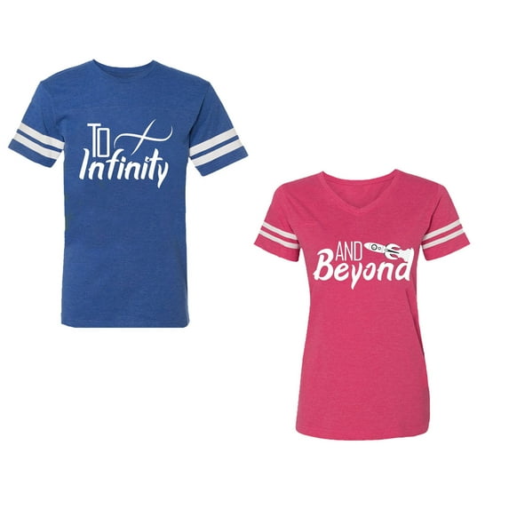 To Infinity & Beyond Unisex Couple Matching Cotton Jersey style T-Shirt Contrasting stripes on sleeves (Men Royal / Women Pink) (Men XL / Women XXL)