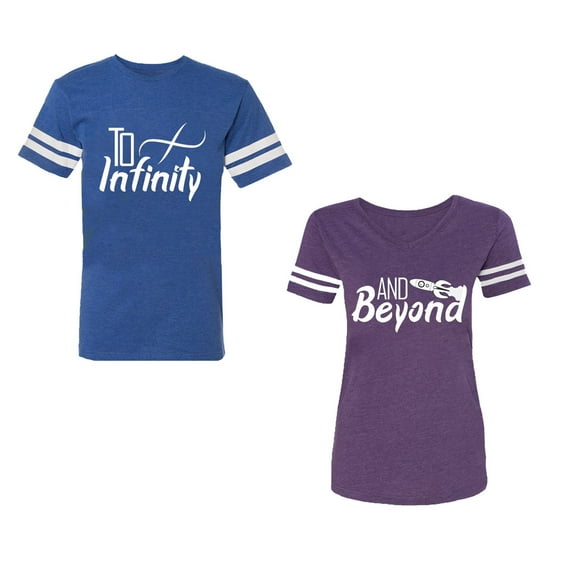 To Infinity & Beyond Unisex Couple Matching Cotton Jersey style T-Shirt Contrasting stripes on sleeves (Men Royal / Women Purple) (Men S / Women M)