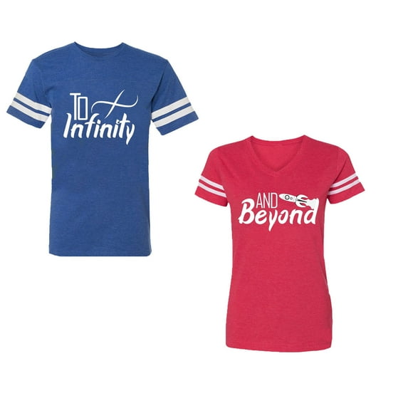 To Infinity & Beyond Unisex Couple Matching Cotton Jersey style T-Shirt Contrasting stripes on sleeves (Men Royal / Women Red) (Men XL / Women M)