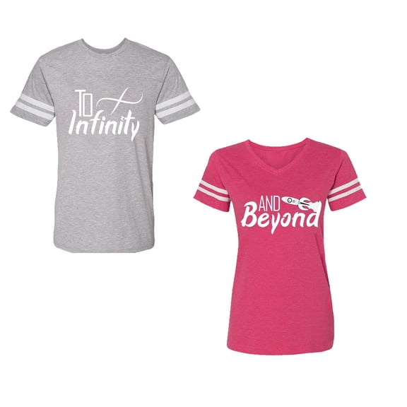 To Infinity & Beyond Unisex Couple Matching Cotton Jersey style T-Shirt Contrasting stripes on sleeves (Men Heather / Women Pink) (Men XXXL / Women XXL)