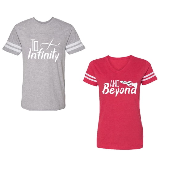 To Infinity & Beyond Unisex Couple Matching Cotton Jersey style T-Shirt Contrasting stripes on sleeves (Men Heather / Women Red) (Men XXL / Women XXL)