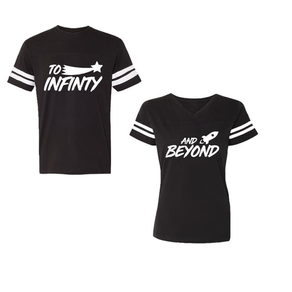 To Infinity and BeyondUnisex Couple Matching Cotton Jersey style T-Shirt Contrasting stripes on sleeves (Men Black / Women Black) (Men XXXL / Women XXL)