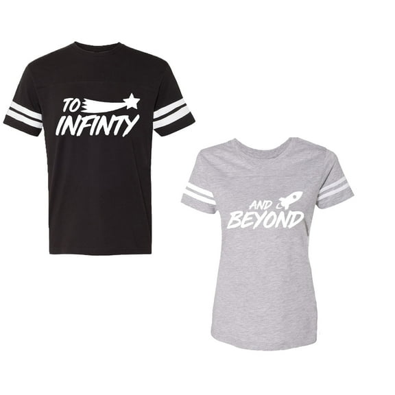To Infinity and BeyondUnisex Couple Matching Cotton Jersey style T-Shirt Contrasting stripes on sleeves (Men Black / Women Heather) (Men XL / Women M)