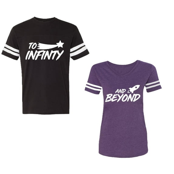 To Infinity and BeyondUnisex Couple Matching Cotton Jersey style T-Shirt Contrasting stripes on sleeves (Men Black / Women Purple) (Men XXXL / Women XXL)
